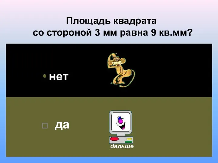 Площадь квадрата со стороной 3 мм равна 9 кв.мм? нет да