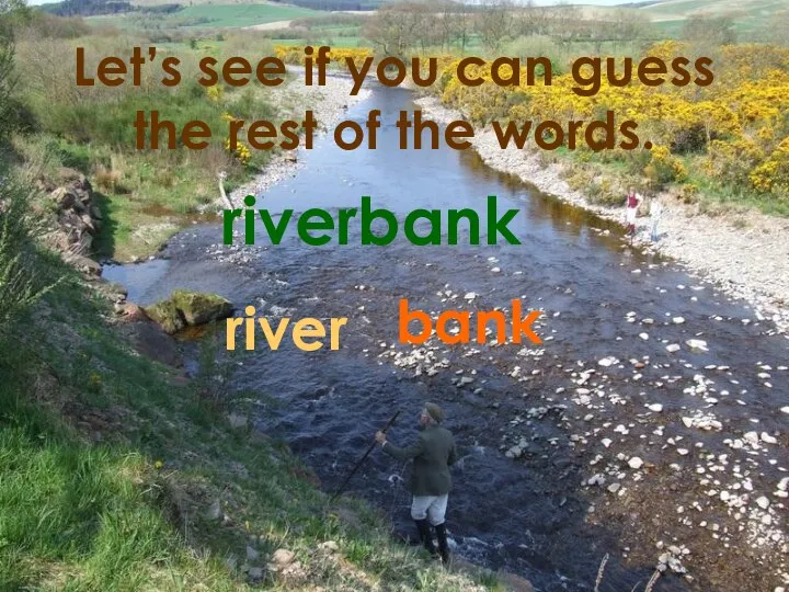 Let’s see if you can guess the rest of the words. riverbank river bank