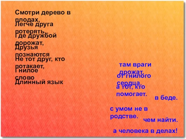 Смотри дерево в плодах, а человека в делах! Легче друга потерять,