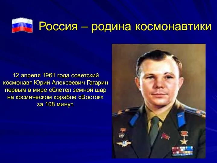 Россия – родина космонавтики 12 апреля 1961 года советский космонавт Юрий