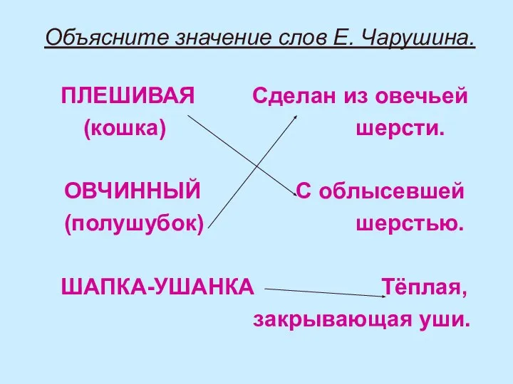 Объясните значение слов Е. Чарушина. ПЛЕШИВАЯ Сделан из овечьей (кошка) шерсти.