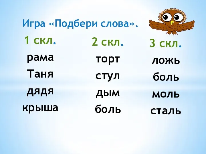 Игра «Подбери слова». 1 скл. рама Таня дядя крыша 3 скл.