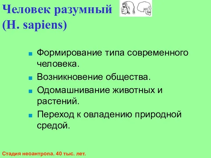 Формирование типа современного человека. Возникновение общества. Одомашнивание животных и растений. Переход