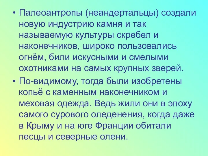 Палеоантропы (неандертальцы) создали новую индустрию камня и так называемую культуры скребел