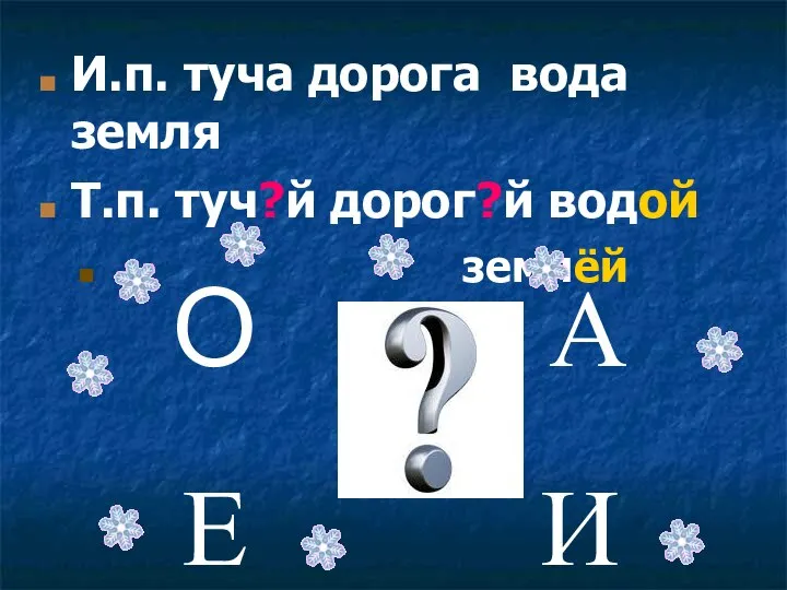 И.п. туча дорога вода земля Т.п. туч?й дорог?й водой землёй О А Е И