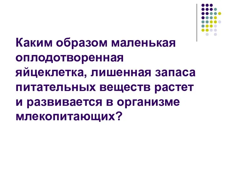 Каким образом маленькая оплодотворенная яйцеклетка, лишенная запаса питательных веществ растет и развивается в организме млекопитающих?