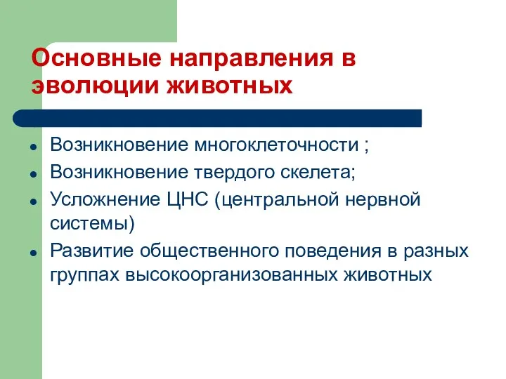 Основные направления в эволюции животных Возникновение многоклеточности ; Возникновение твердого скелета;