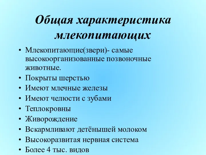 Общая характеристика млекопитающих Млекопитающие(звери)- самые высокоорганизованные позвоночные животные. Покрыты шерстью Имеют