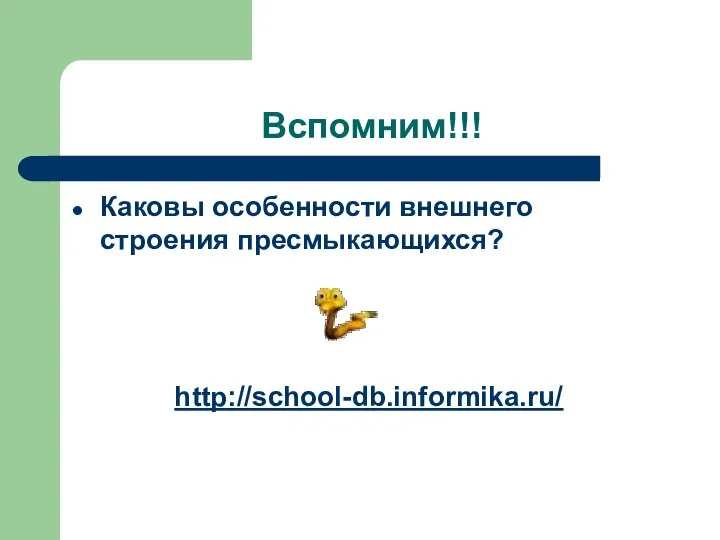 Вспомним!!! Каковы особенности внешнего строения пресмыкающихся? http://school-db.informika.ru/