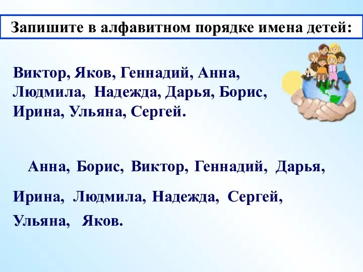 Запишите в алфавитном порядке имена детей: Виктор, Яков, Геннадий, Анна, Людмила,