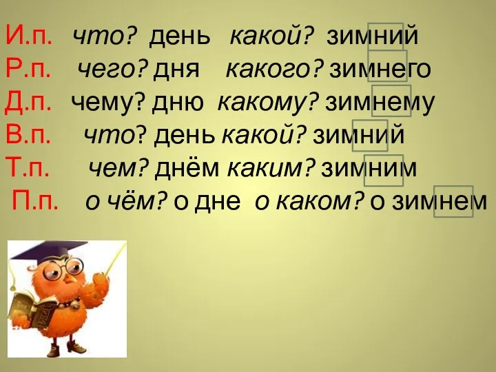 И.п. что? день какой? зимний Р.п. чего? дня какого? зимнего Д.п.