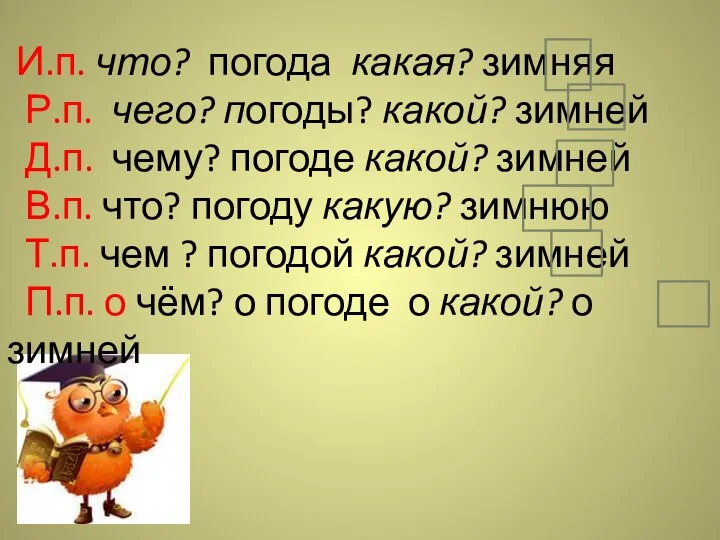 И.п. что? погода какая? зимняя Р.п. чего? погоды? какой? зимней Д.п.