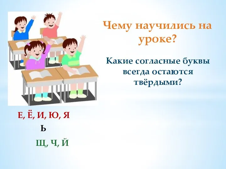 Чему научились на уроке? Какие согласные буквы всегда остаются твёрдыми? Е,