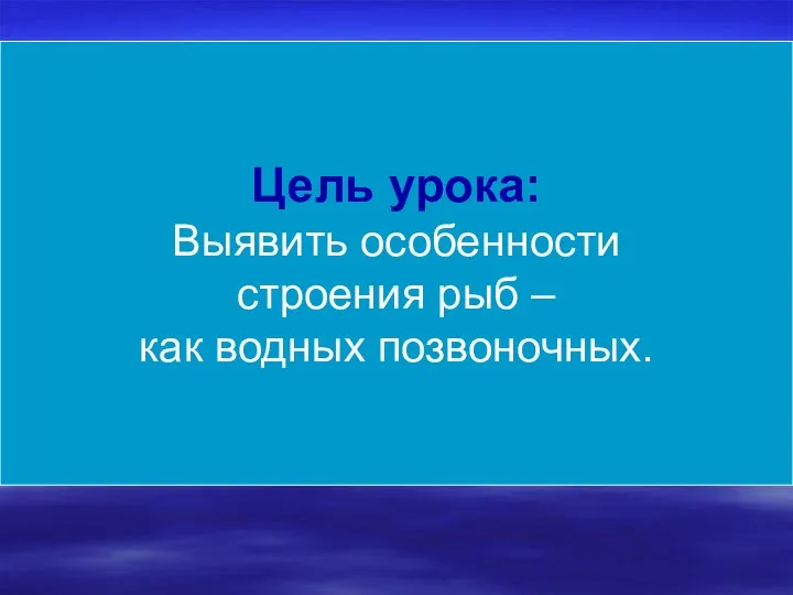 Цель урока: Выявить особенности строения рыб – как водных позвоночных.