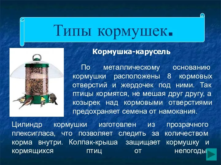 Типы кормушек. По металлическому основанию кормушки расположены 8 кормовых отверстий и