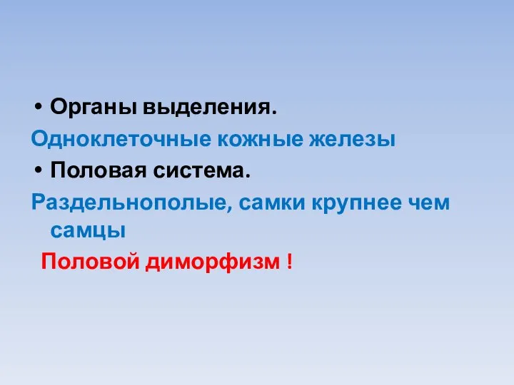 Органы выделения. Одноклеточные кожные железы Половая система. Раздельнополые, самки крупнее чем самцы Половой диморфизм !