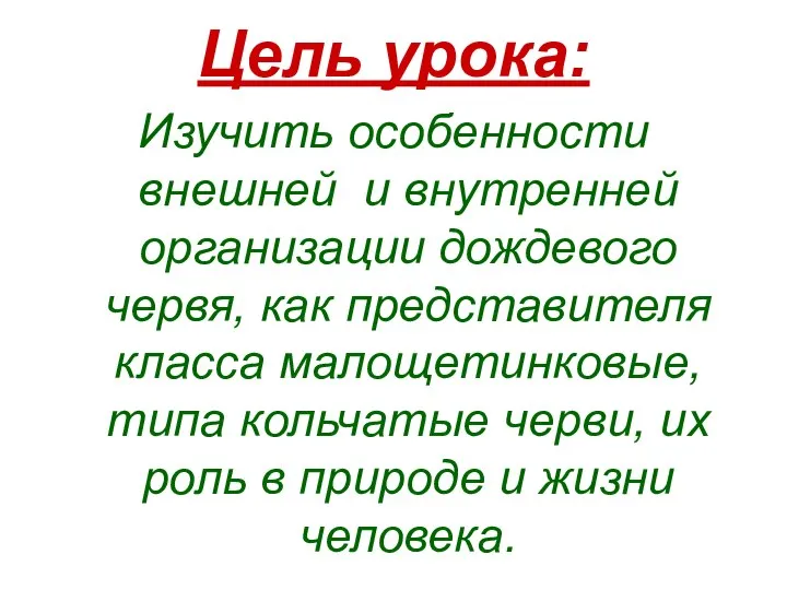 Цель урока: Изучить особенности внешней и внутренней организации дождевого червя, как