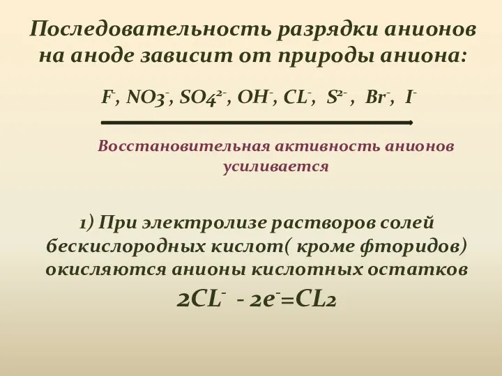 Последовательность разрядки анионов на аноде зависит от природы аниона: 1) При