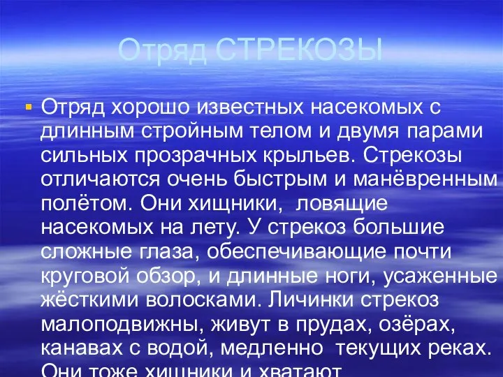 Отряд СТРЕКОЗЫ Отряд хорошо известных насекомых с длинным стройным телом и