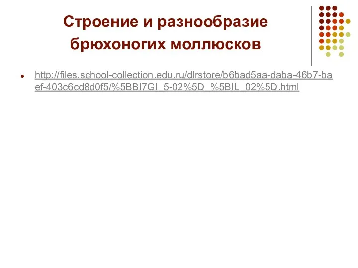 Строение и разнообразие брюхоногих моллюсков http://files.school-collection.edu.ru/dlrstore/b6bad5aa-daba-46b7-baef-403c6cd8d0f5/%5BBI7GI_5-02%5D_%5BIL_02%5D.html