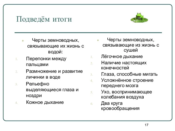 Подведём итоги Черты земноводных, связывающие их жизнь с водой: Перепонки между