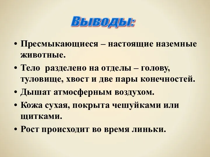 Пресмыкающиеся – настоящие наземные животные. Тело разделено на отделы – голову,