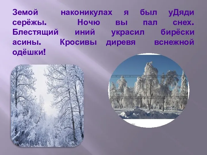 Земой наконикулах я был уДяди серёжы. Ночю вы пал снех. Блестящий