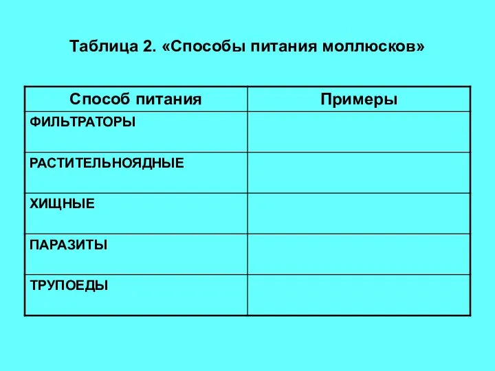 Таблица 2. «Способы питания моллюсков»