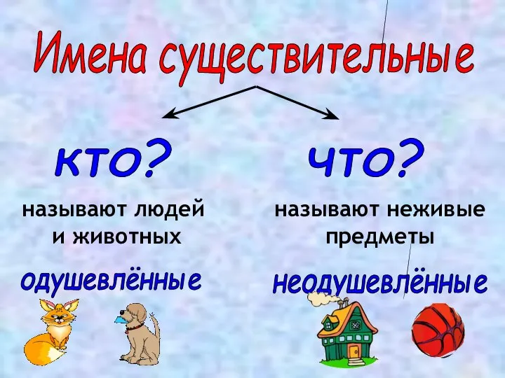 что? кто? называют неживые предметы называют людей и животных неодушевлённые одушевлённые Имена существительные