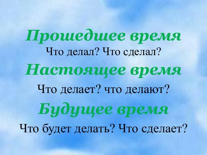 Прошедшее время Что делал? Что сделал? Настоящее время Что делает? что