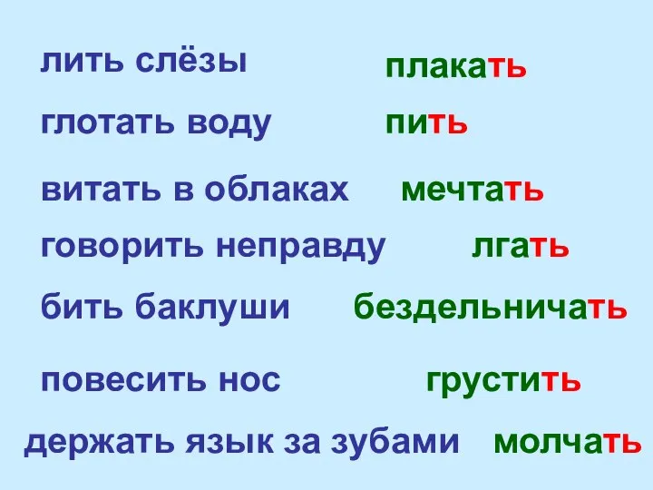 лить слёзы глотать воду витать в облаках говорить неправду бить баклуши