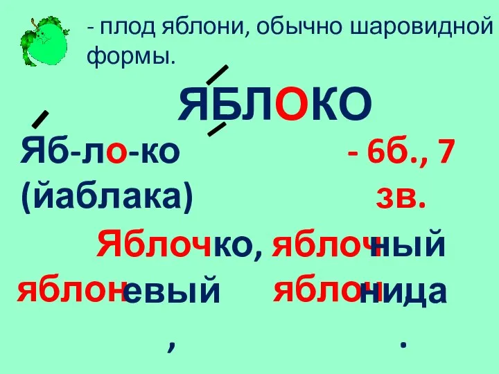 - плод яблони, обычно шаровидной формы. ЯБЛОКО Яб-ло-ко (йаблака) Яблоч яблоч