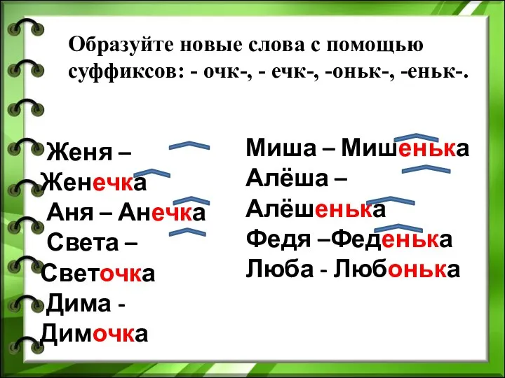 Образуйте новые слова с помощью суффиксов: - очк-, - ечк-, -оньк-,