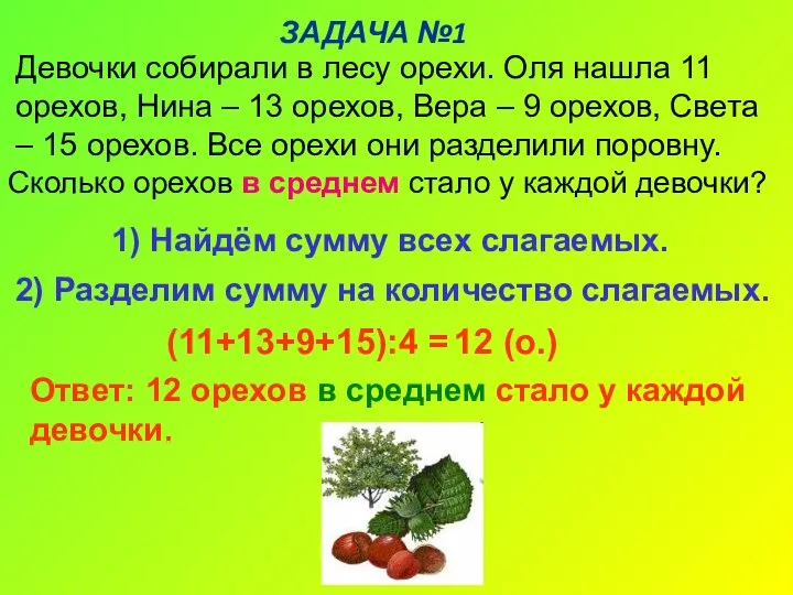 ЗАДАЧА №1 Ответ: 12 орехов в среднем стало у каждой девочки.