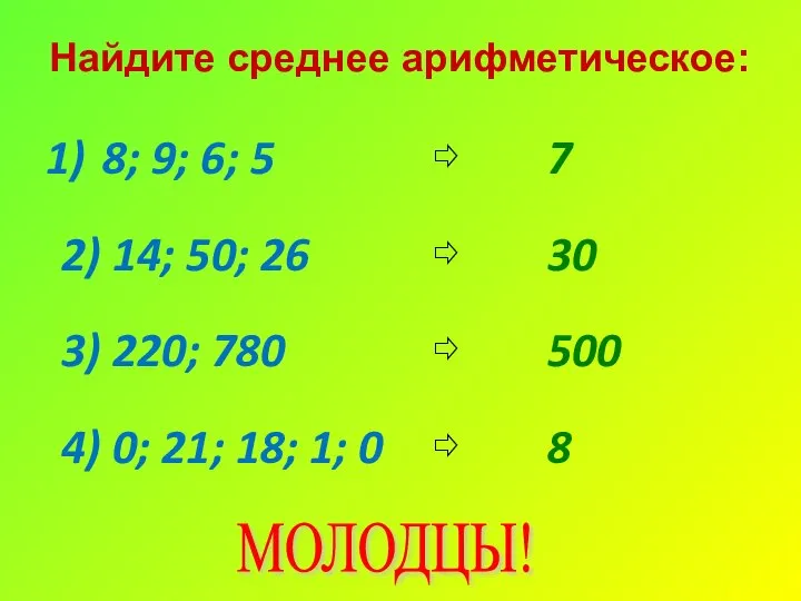 Найдите среднее арифметическое: 8; 9; 6; 5 2) 14; 50; 26