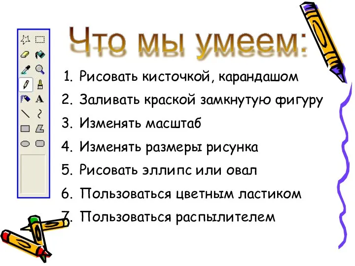 Что мы умеем: Рисовать кисточкой, карандашом Заливать краской замкнутую фигуру Изменять