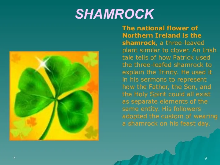 * SHAMROCK The national flower of Northern Ireland is the shamrock,