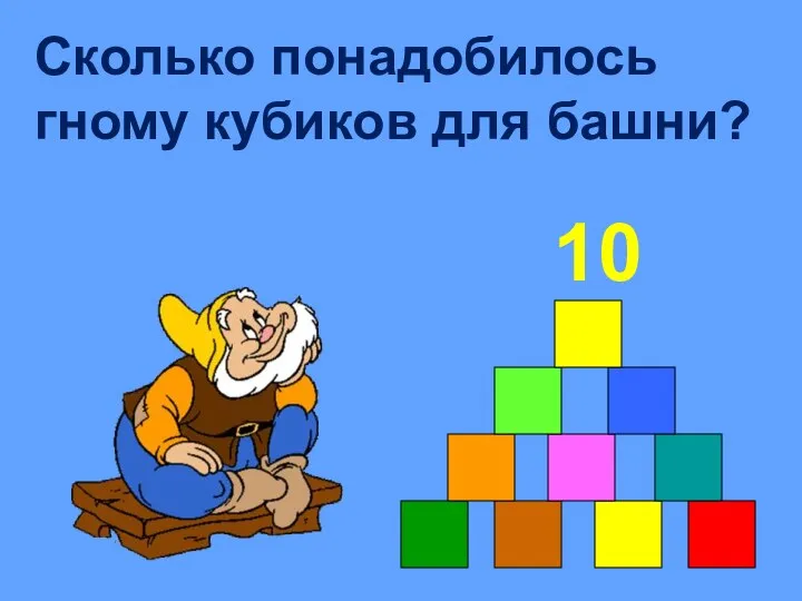 Сколько понадобилось гному кубиков для башни? 10