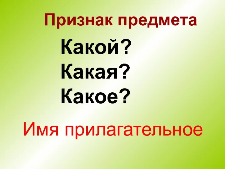 Признак предмета Какой? Какая? Какое? Имя прилагательное