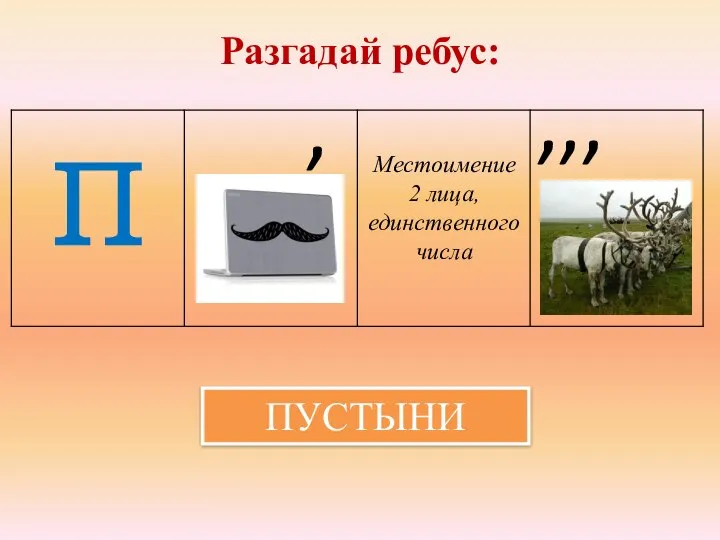 Разгадай ребус: П Местоимение 2 лица, единственного числа , , , , ПУСТЫНИ