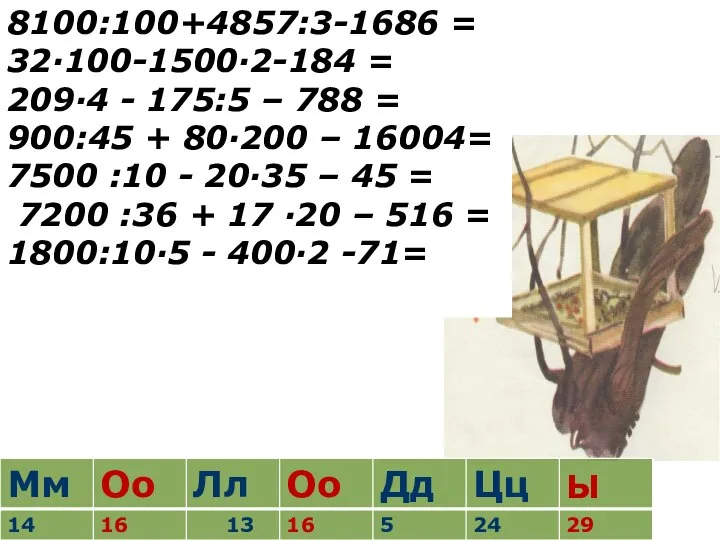 8100:100+4857:3-1686 = 32∙100-1500∙2-184 = 209∙4 - 175:5 – 788 = 900:45