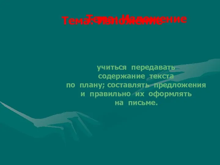 Тема: Изложение Тема: Изложение Цели урока: учиться передавать содержание текста по