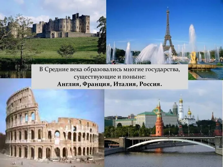 В Средние века образовались многие государства, существующие и поныне: Англия, Франция, Италия, Россия.