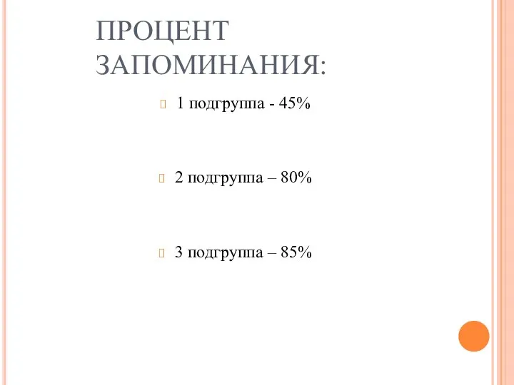 ПРОЦЕНТ ЗАПОМИНАНИЯ: 1 подгруппа - 45% 2 подгруппа – 80% 3 подгруппа – 85%