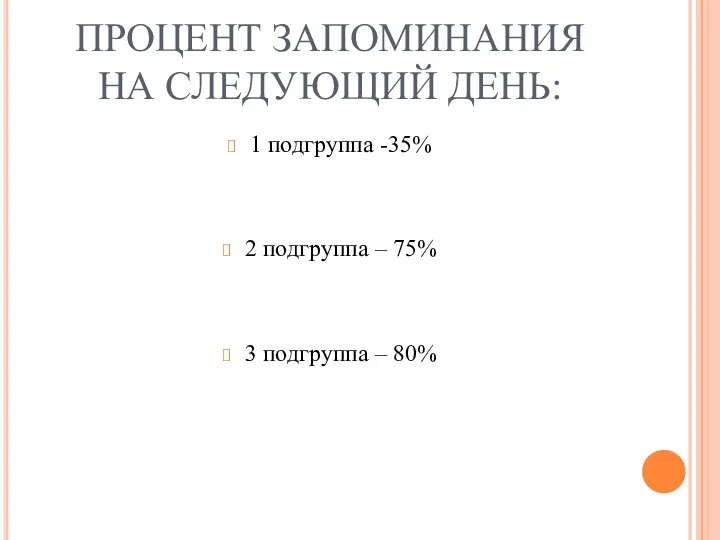 ПРОЦЕНТ ЗАПОМИНАНИЯ НА СЛЕДУЮЩИЙ ДЕНЬ: 1 подгруппа -35% 2 подгруппа – 75% 3 подгруппа – 80%