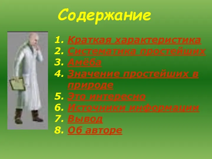 Содержание Краткая характеристика Систематика простейших Амёба Значение простейших в природе Это