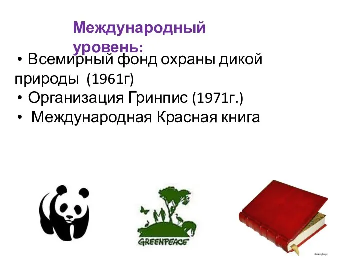 Международный уровень: Всемирный фонд охраны дикой природы (1961г) Организация Гринпис (1971г.) Международная Красная книга