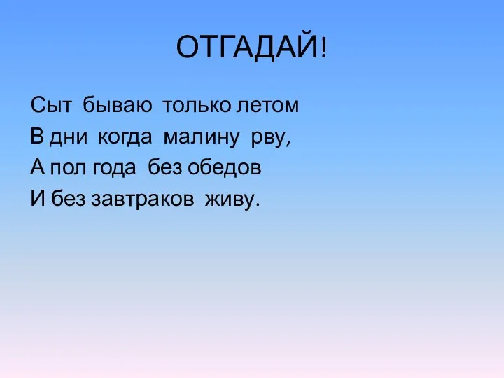 ОТГАДАЙ! Сыт бываю только летом В дни когда малину рву, А