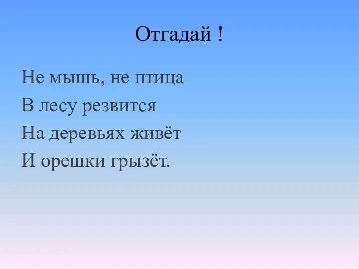 Отгадай ! Не мышь, не птица В лесу резвится На деревьях живёт И орешки грызёт.