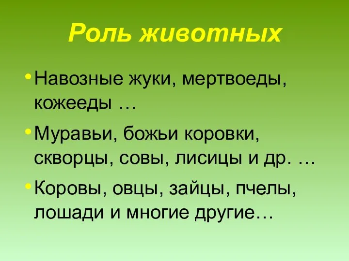 Роль животных Навозные жуки, мертвоеды, кожееды … Муравьи, божьи коровки, скворцы,